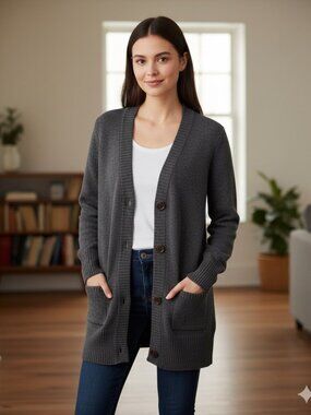 Eddie Bauer Dark Grey Dense 4-Ply 100% Merino Wool Button Front Cardigan Size S